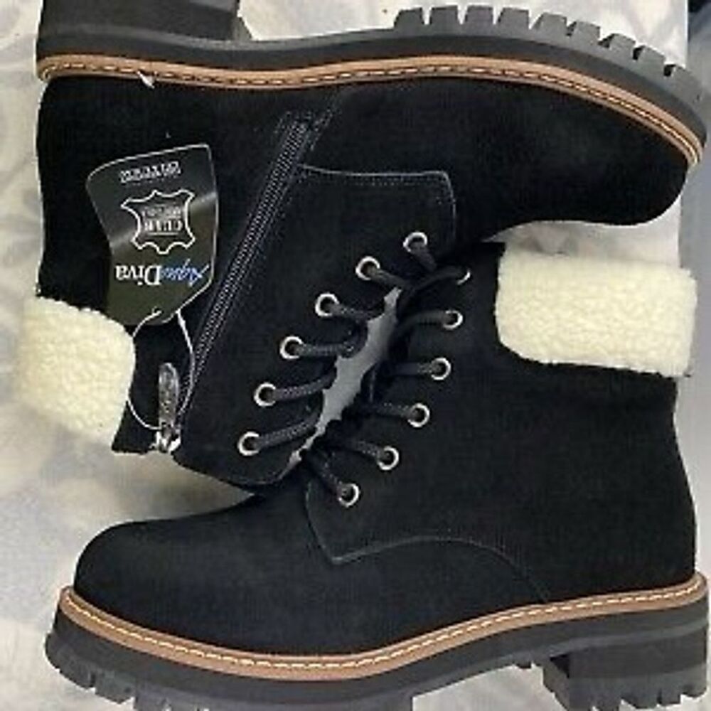 Aqua Diva Women's Sola Black Suede Ankle Boots Size 5.5-6 Casual Zip & Tie